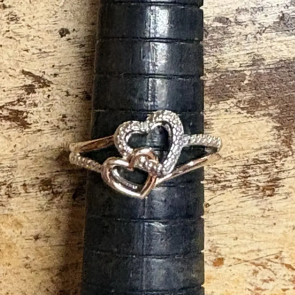 Heart Ring Size 7 Sterling Silver Two Tone w/ Diamonds Interlocking & Rose Gold